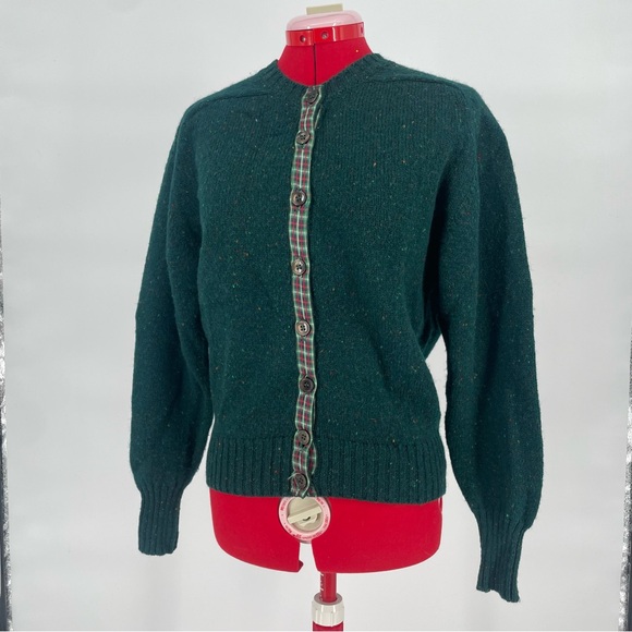 Vintage Orvis Wool Cardigan Forest Green With Contrasting Plaid Trim - Picture 4 of 9